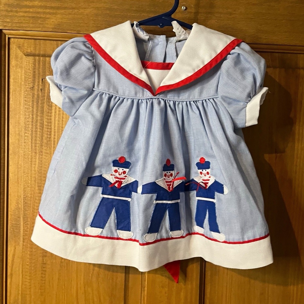 Vintage Youngland Sailor Dress Baby Girls Size 12M Blue Pinstripe Paper Doll